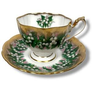 Vintage Queen Anne Lily of The Valley Cup and Saucer White Heavy Gold Gilt China